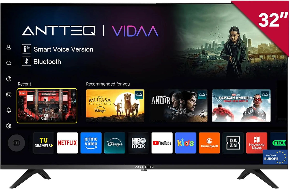 Smart TV, 32 pouces, téléviseur, Antteq V32-AH3Q1D-BT, HDMI, Wi-Fi, Bluetooth, application, Vidaa OS Télévision avec Appli Mobile, Netflix, DAZN, WiFi