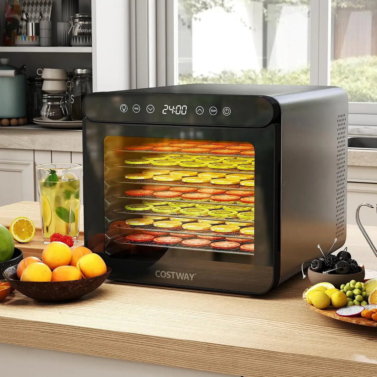 24H déshydrateur alimentaire, Appareil, 40x34x32cm, 30 à 75 °C, minuteur, acier inoxydable, 7 Plateaux, pour Viande, GOPLUS
