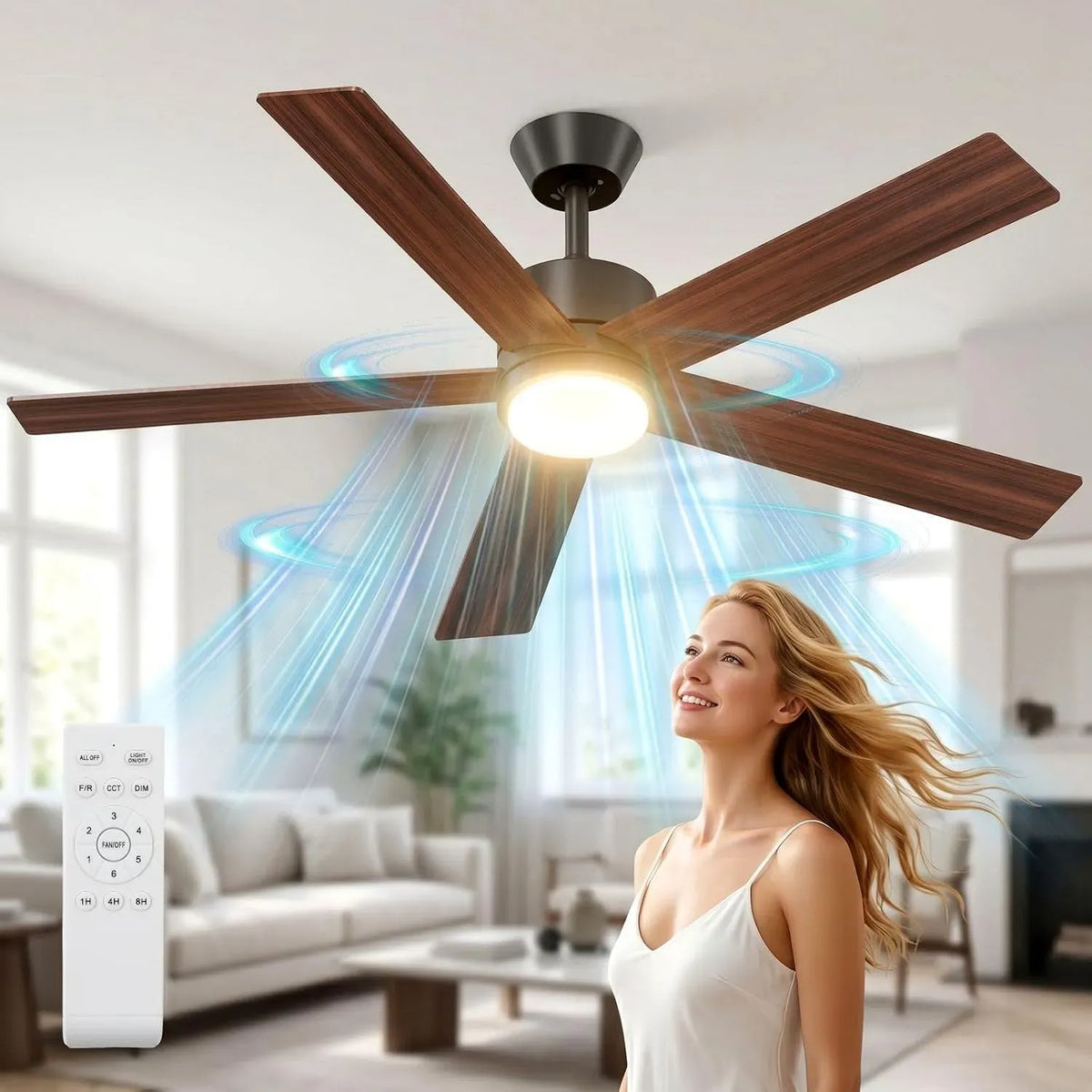 Ventilateur, 132 cm, décoration de salon, silencieux, 2 zones de température, LED Lampe avec 3 Températures, Moteur DC Réversible Silencieux