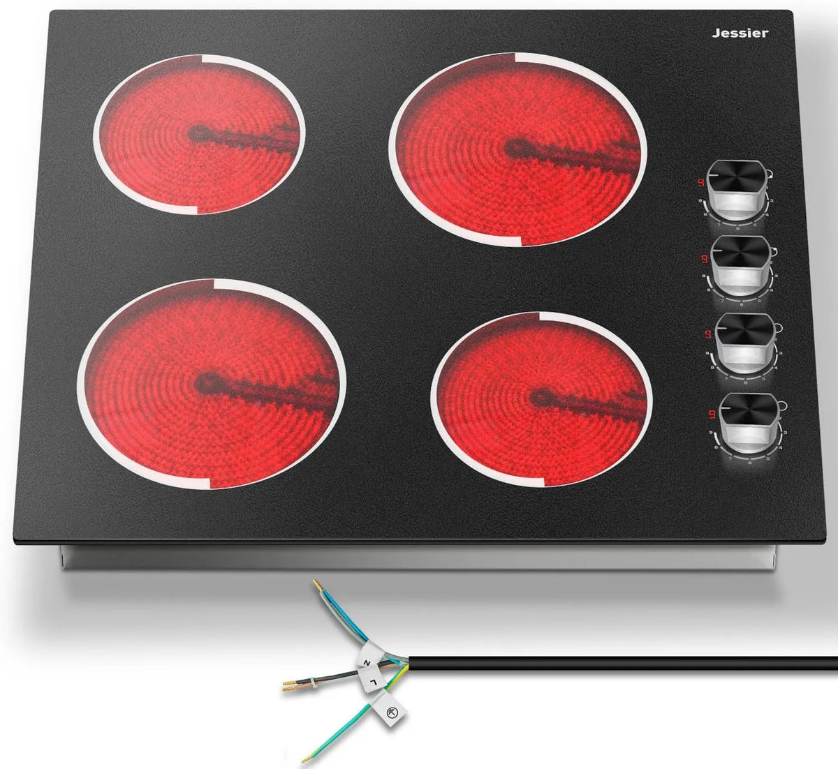 Plaque vitrocéramique, 60CM, 4 foyers, 6000 W, 220 V, Plaque Électrique 4 Feux, 9 Niveaux, 6000W, 220V, Commande par Boutons Rotatifs