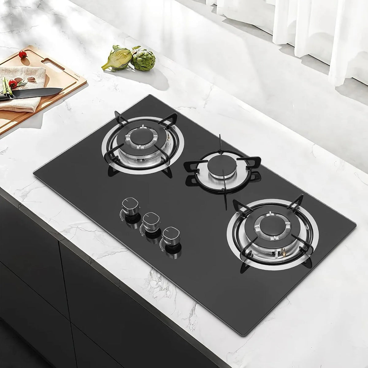 Cuisinière avec four, encastrable, Four à gaz en verre encastré, cuisinière à gaz à 3 foyers Gas Stove, cadre émaillé et tête de four en aluminium