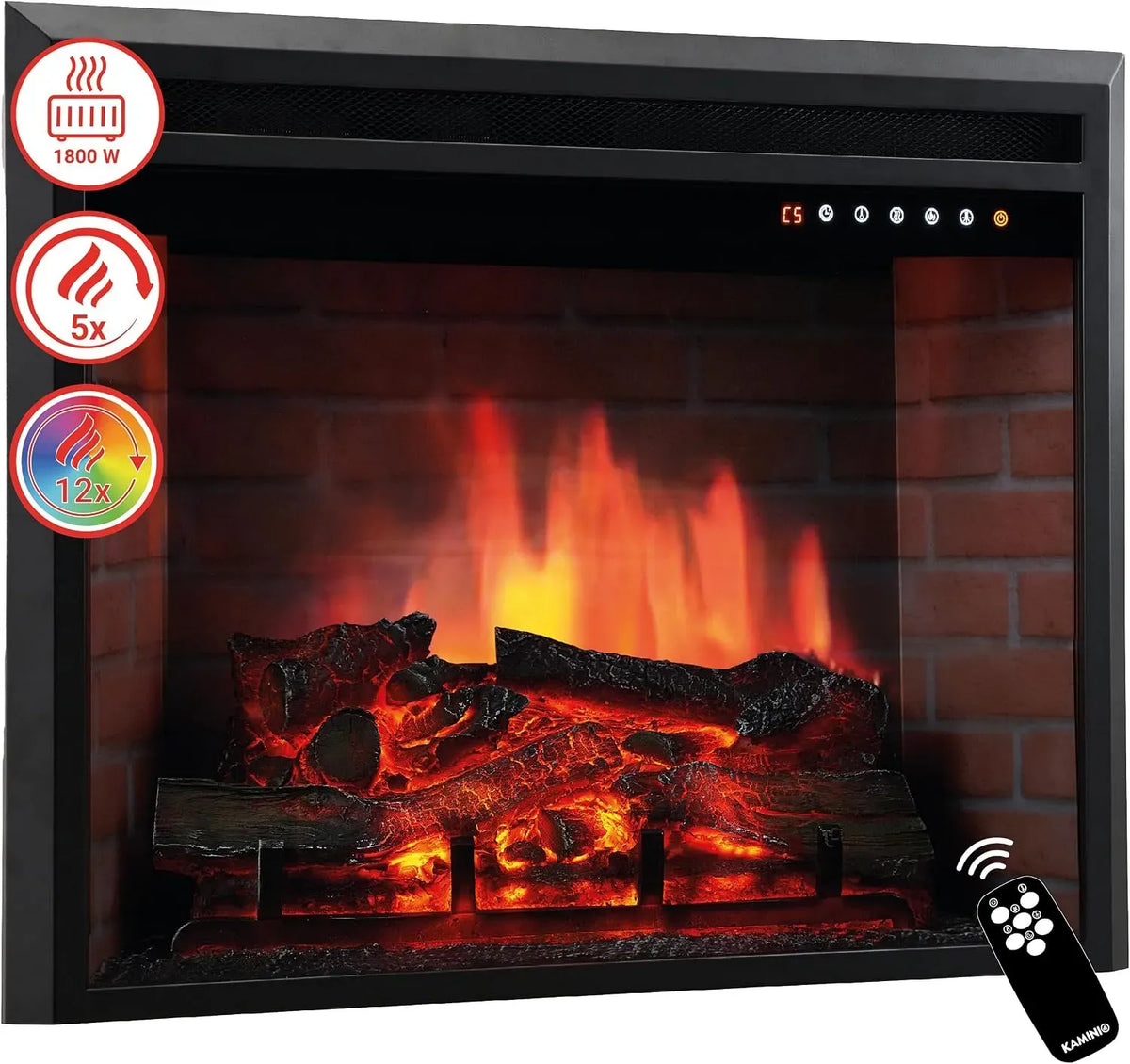 Cheminée décorative avec foyer électrique, effet de flamme, KAMINIO® Luca Pro 30 Cheminée électrique encastrable chauffante, LED feu en 12 couleurs