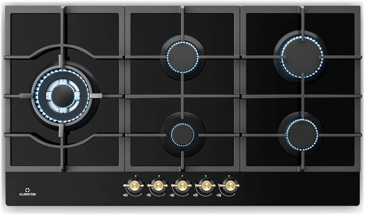 Klarstein Cuisinière avec four, 90 cm, 5 foyers, 11100 W, encastrable, acier inoxydable, 5 Feux, 5 Brûleurs, Klarstein Victoria Table de Cuisson à Gaz