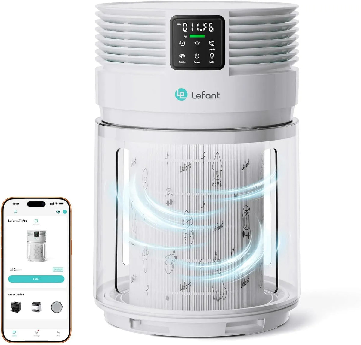 Lefant CADR 350 H13 Purificateur d'air, 350 m³/h, blanc, Élimine 99,97% des Particules et Allergènes, Contrôle via App, Capteur PM2, Jusqu'à 108 m²