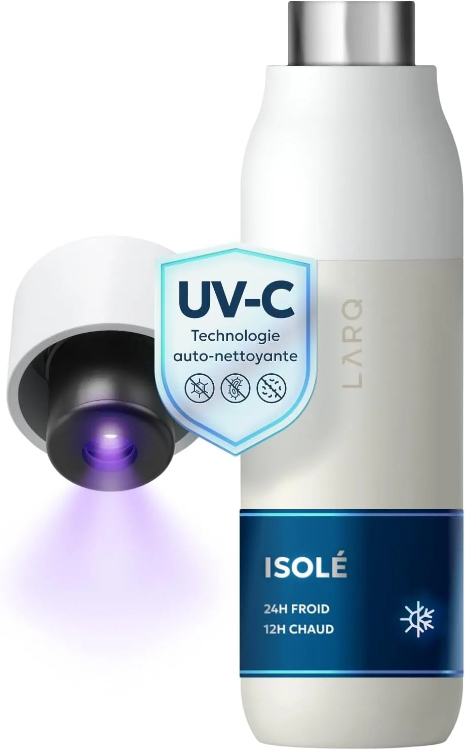 24h 12h Design Primé, Acier Inoxydable, pour PureVis Gourde Thermique Autonettoyante avec Purificateur d'Eau UV-C, 100% Étanche, Garde le Froid 24h et