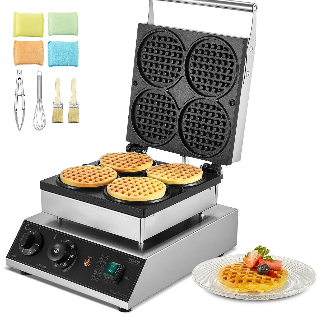 VEVOR 4PCs gaufrier électrique, Appareil, 1750 W, professionnel, restaurant, revêtement antiadhésif, acier inoxydable, pour Restaurant