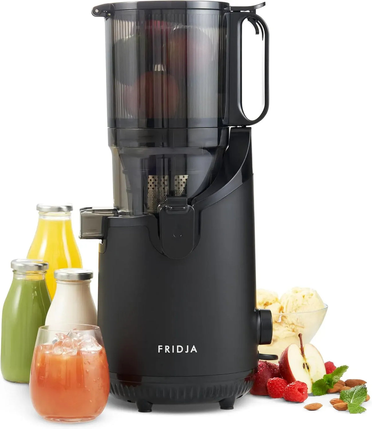 Extracteur de jus, 250 W, classe énergétique E, Fridja f2500, silencieux, noir, Goulotte 135mm Fruits Entiers, Sans BPA