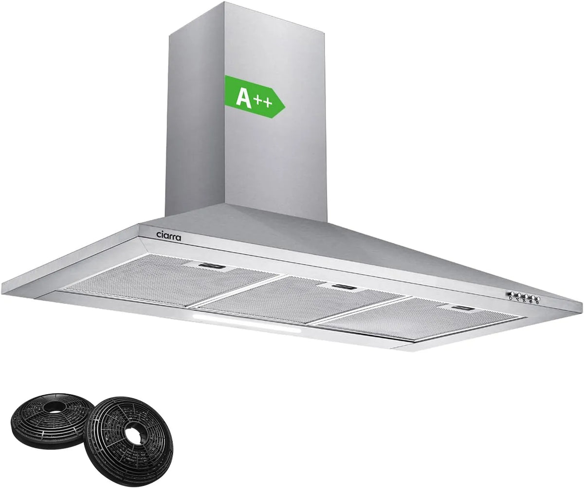 CIARRA CBCS9201 CBCF002x2 Hotte aspirante, 90 cm, 406 m3/h, 60 dB, classe énergétique A, hotte de cuisine, évacuation et recyclage, 3 vitesses