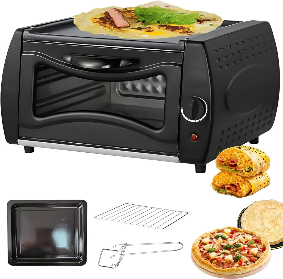 Four électrique à pizza, 1500 W, 50 à 400 °C, gril, Roti, Naan et Manakish, grille de cuisson et plateau pour Chapati