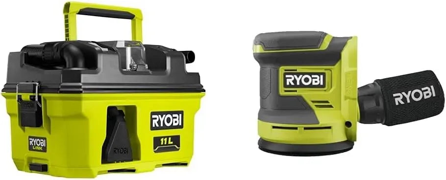 Aspirateur RV1811 RROS18-0, 11 L, 18 V, & Ponceuse Excentrique 18 Volts One, 105 AW, 1500 L/Min, 125 mm, 3 abrasifs, RYOBI