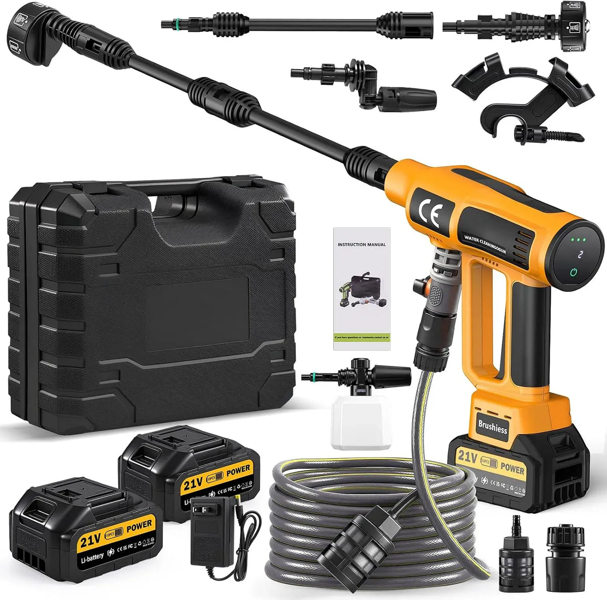 Nettoyeur haute pression, 21 V, portable, 21V Pistolet Portable avec 2*4Ah Batteries, 4 débit d'eau réglable, 6 en 1 Buse Réglable, 5m Tuyau