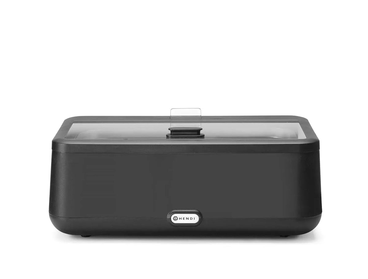 Chauffe-plats de buffet, 12,5 L, 700 W, 35 à 85 °C, 240 V, HENDI GN 1, acier inoxydable, noir, 607x402x, PP et verre trempé, 245mm