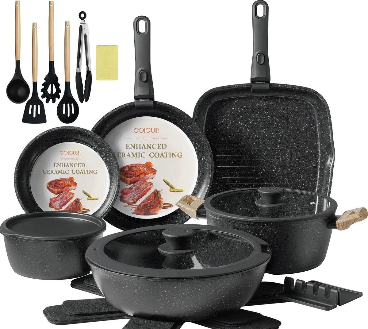 Lave-vaisselle, amovible, noir, sans PFOA, machine à laver la vaisselle, Set de Poêles et Casseroles 23 pièces Poignée amovible non toxique