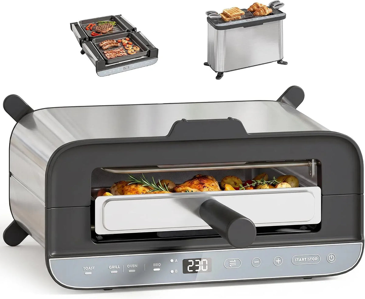 Four électrique, 4,9 L, 1700 W, HOMCOM 3-en-1, minuteur, gril, compact, acier inoxydable, grille-pain à fente longue et plancha de table, écran LED