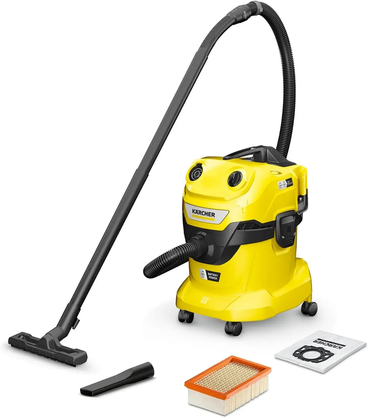 Kärcher WD 4 Aspirateur, 20 L, 36 V, 2 Batteries 18V Non-Incluses, Tube Aspiration 2,2m, 2,2 m