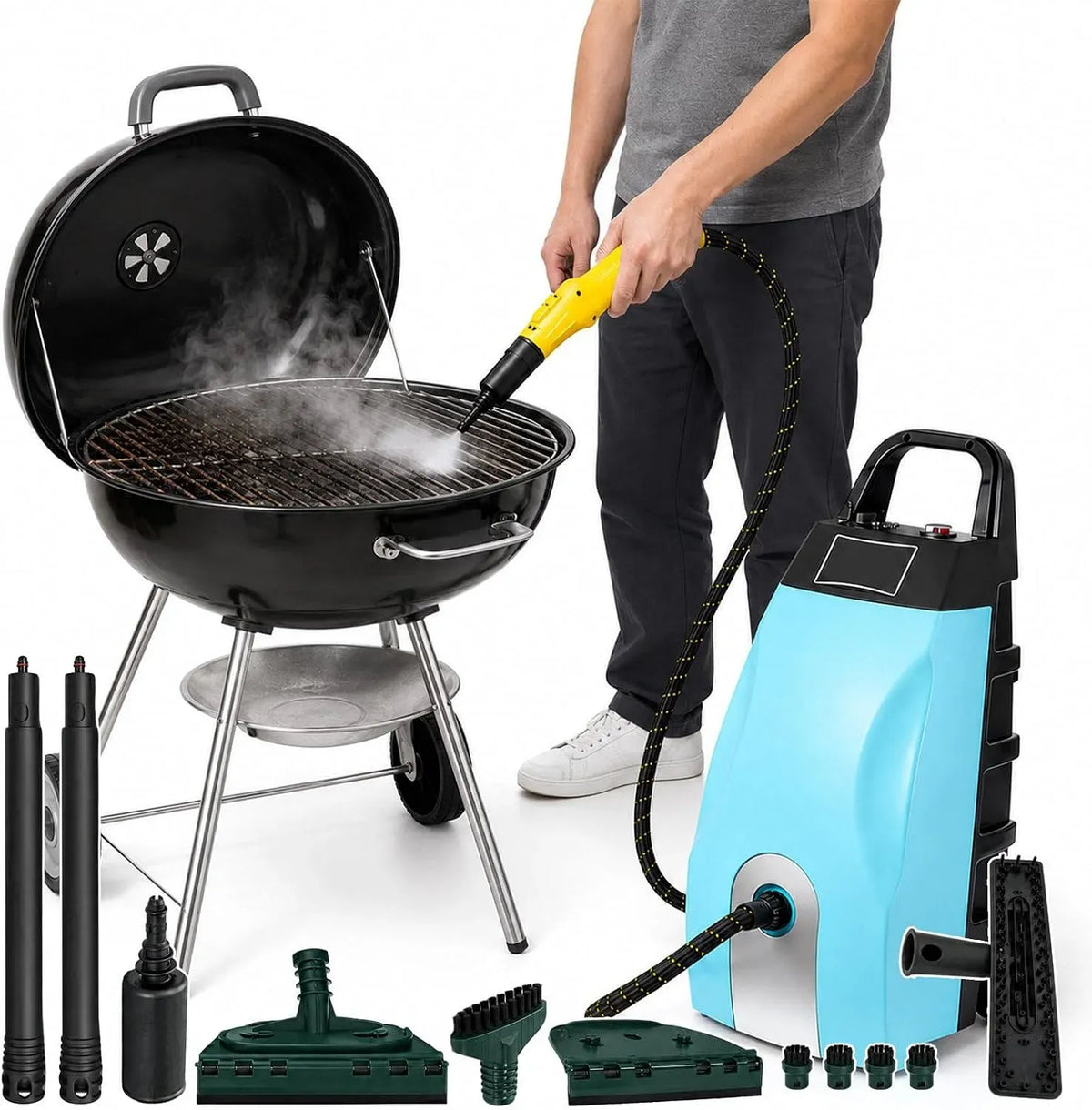 Nettoyeur vapeur, 3000 W, gril, usage sur sols, cuisine, voiture, vitres et canapé, bleu, 4-5 Bar, Grils Blue, 9 accessoires: buses, vapeur réglable