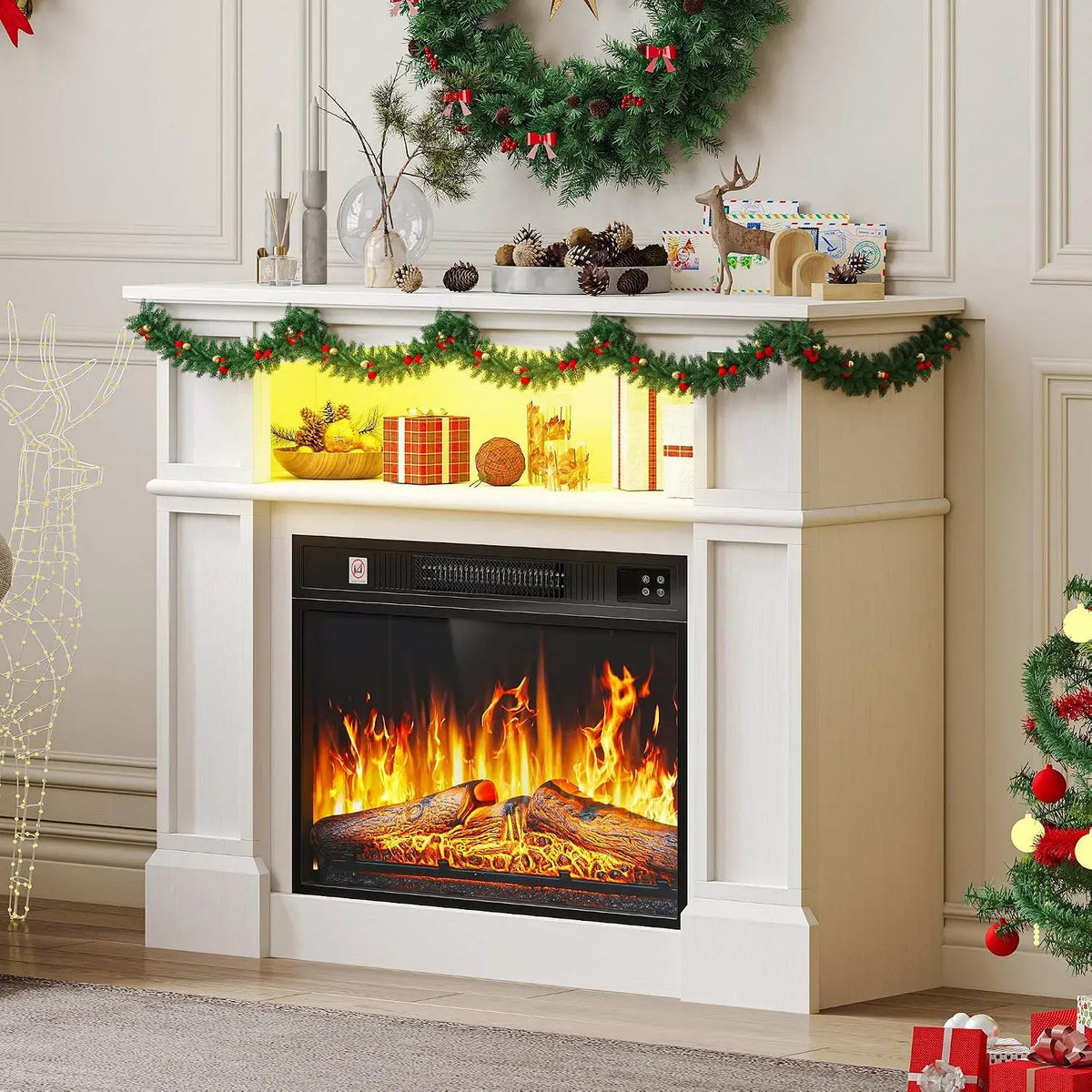 Cheminée Electrique, Effet Flamme 3D Réaliste, Cheminee Decorative Autonome équipé de Minuterie et Bande Lumineuse LED 24 Couleurs et Télécommande