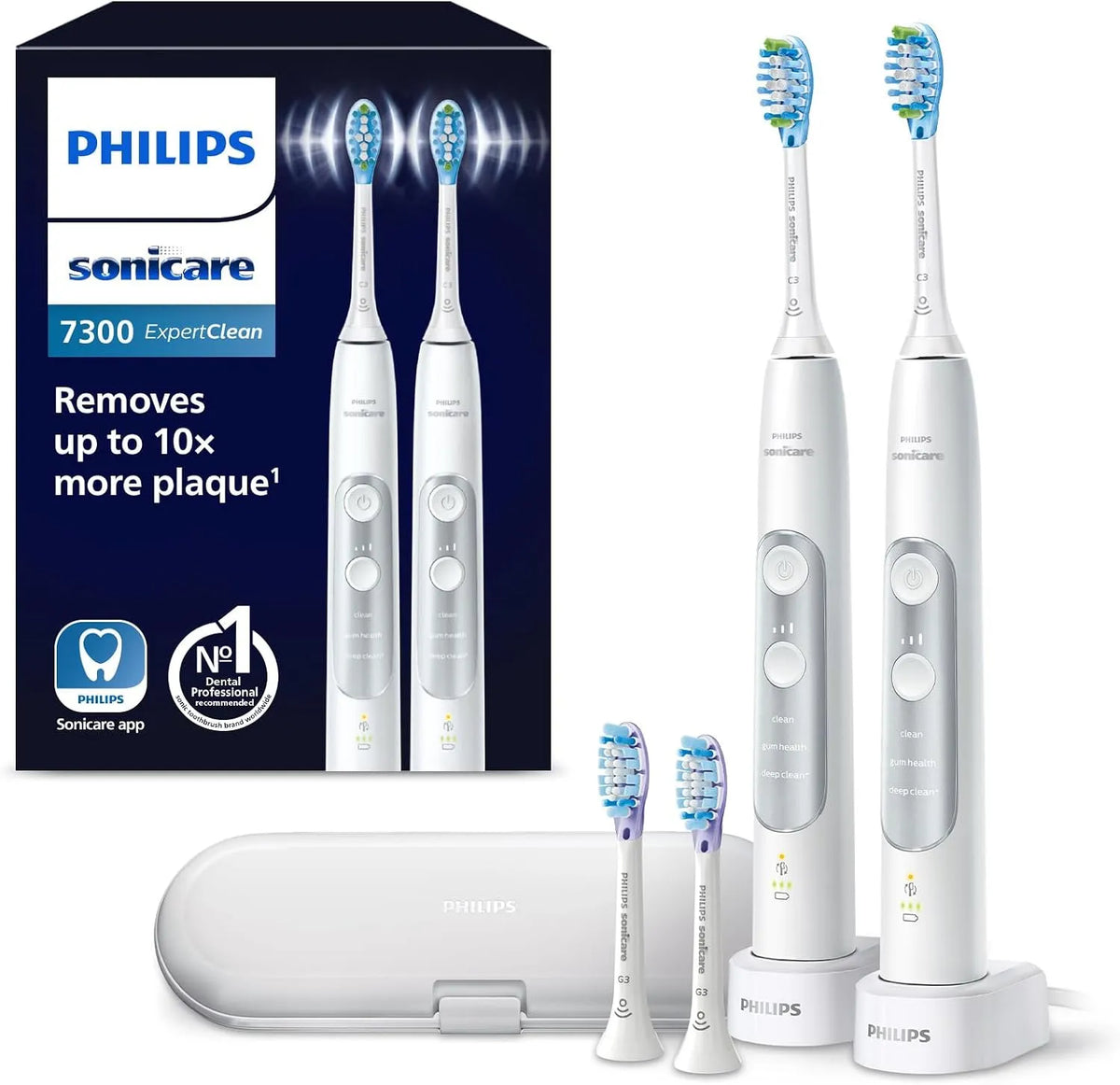 Philips HX9611/19 étui de voyage, Brosses à dents électriques avec technologie sonique, Sonicare ExpertClean 7300, Lot de 2, contrôle de pression