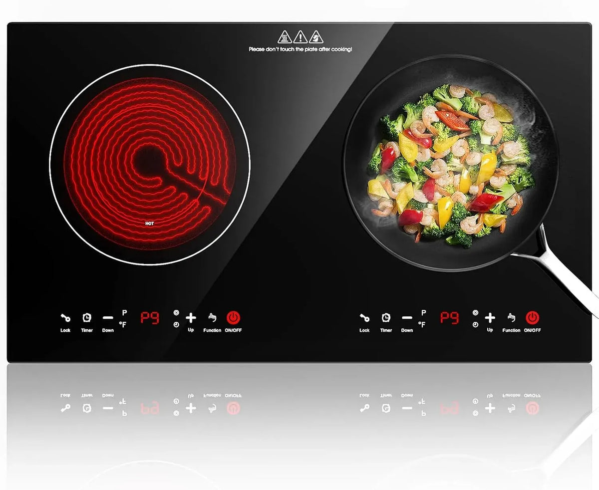 Plaque vitrocéramique, 60cm, 2 foyers, 3600 W, minuteur, 2 zones de température, Plaque de Cuisson Électrique Plate 3600W