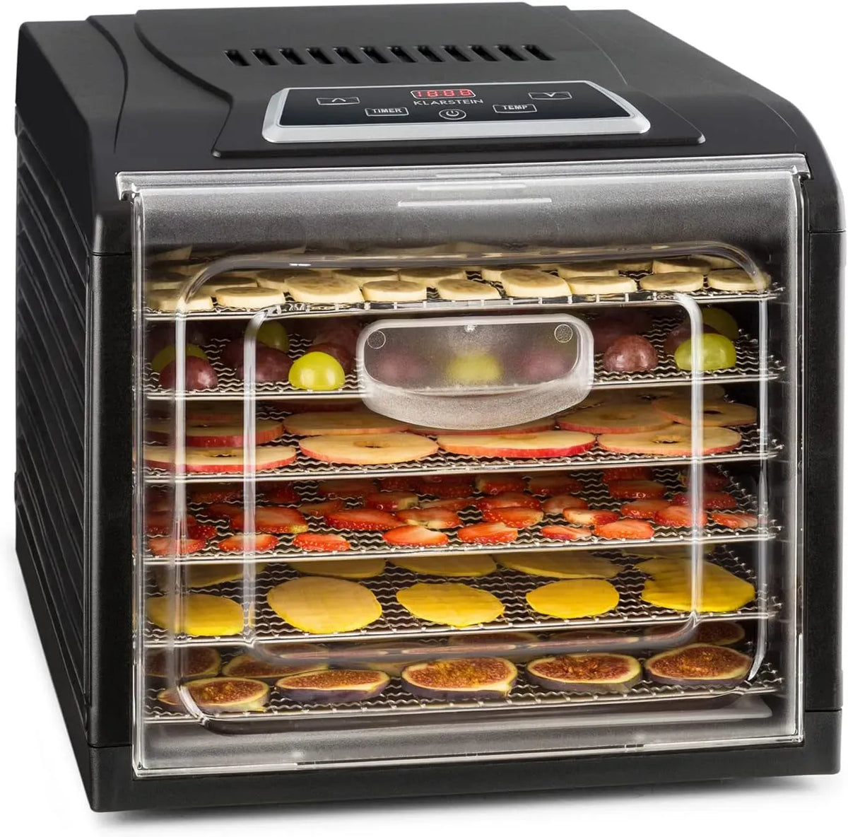 Klarstein Minuterie, Fruit Jerky Déshydrateur Alimentaire, 6 Plateaux, 500 W, 35-70°C, Acier Inoxydable, Écran Tactile, Élément Chauffant Inox