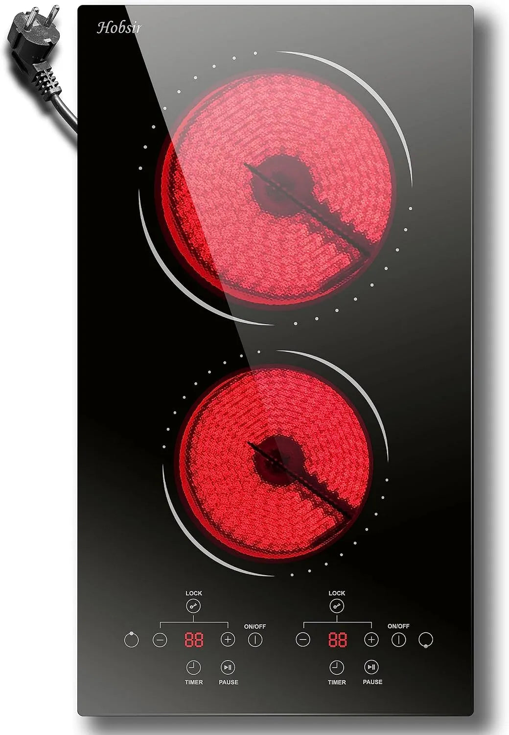 Plaque vitrocéramique, 29 × 52CM, 2 foyers, encastrable, portable, minuteur, Minuterie de 99 Minutes, Verrou de Sécurité, « Plug and Play »