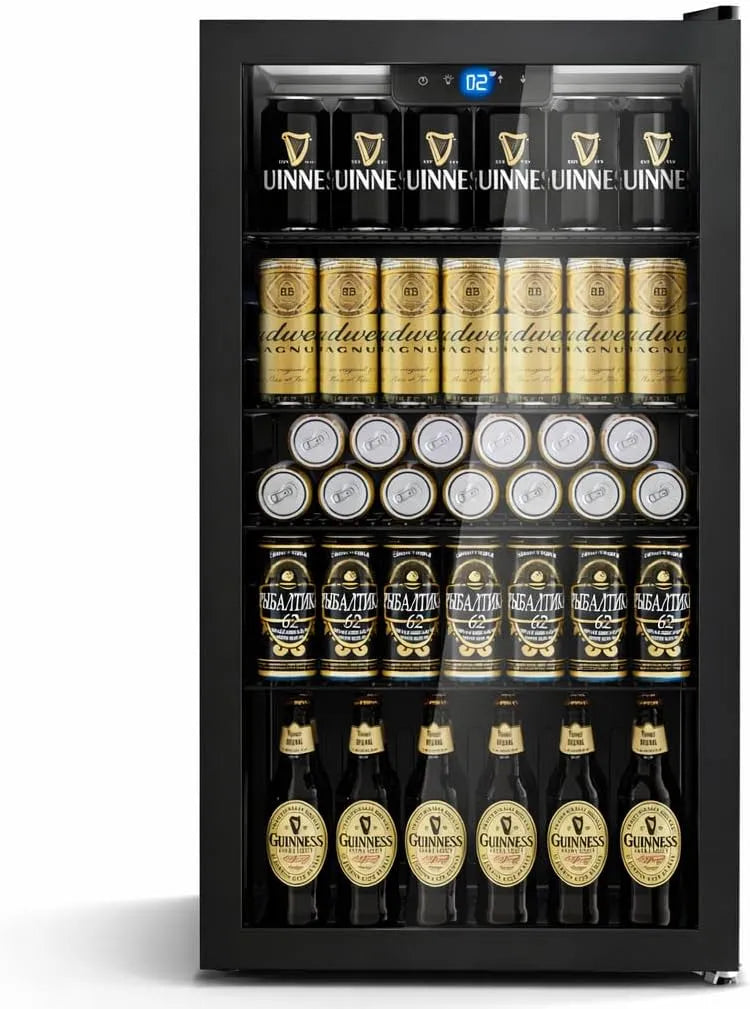 Réfrigérateur, 86 L, verre, Capacité 130 Canettes, 4 Étagères Réglables, Porte Vitrée, Mini Frigo Idéal pour Bar, Bureau et Maison