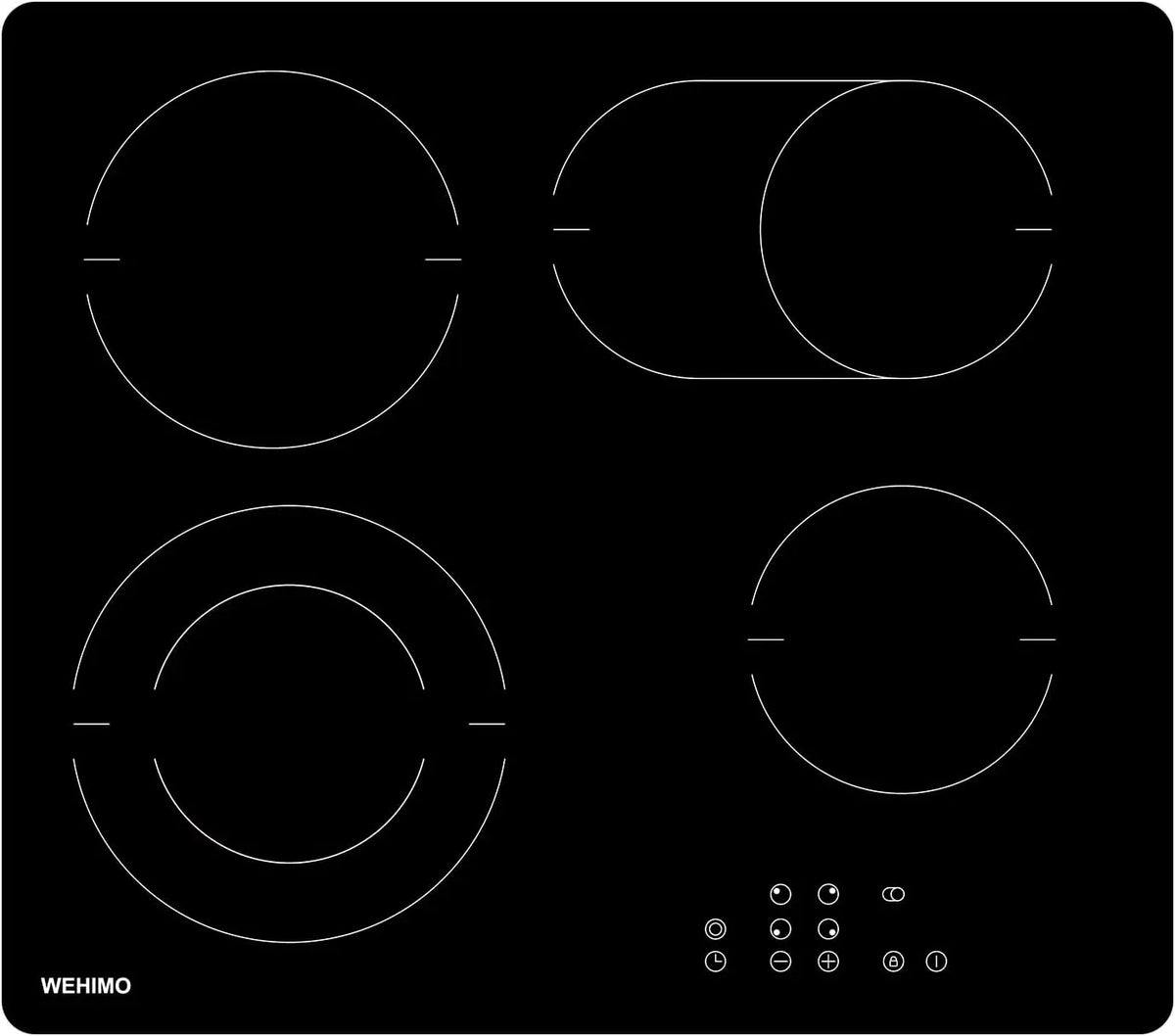 Plaque vitrocéramique, 60 cm, 4 foyers, 7200 W, encastrable, minuteur, verrouillage, table de cuisson électrique, 9 niveaux
